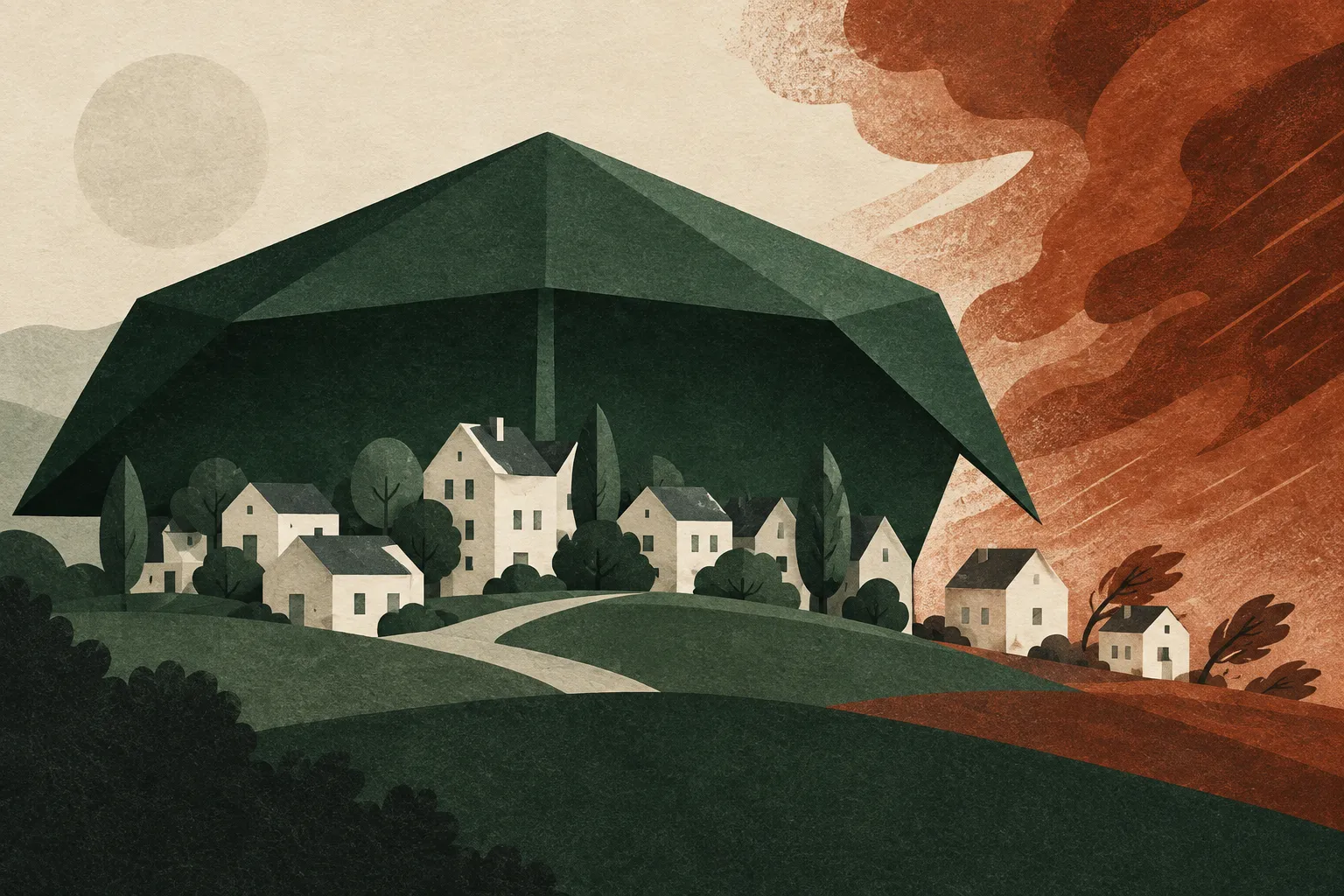 A protective canopy ends at the edge of a neighborhood, leaving some houses exposed.