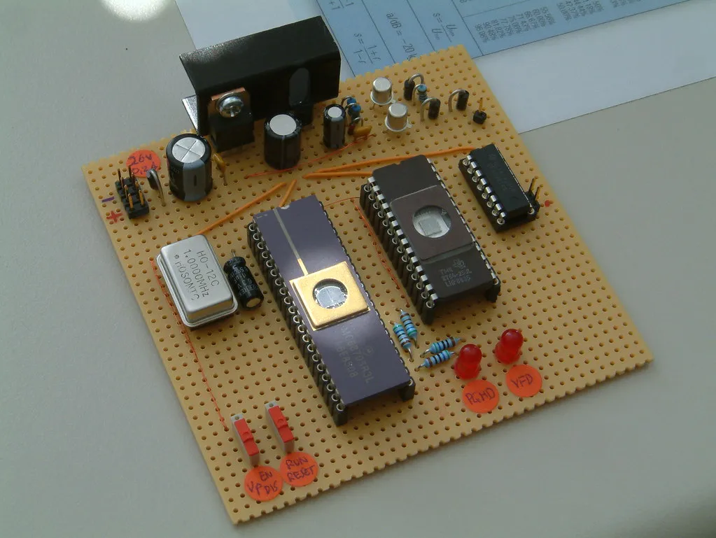 A circuit board populated with microprocessor and memory chips