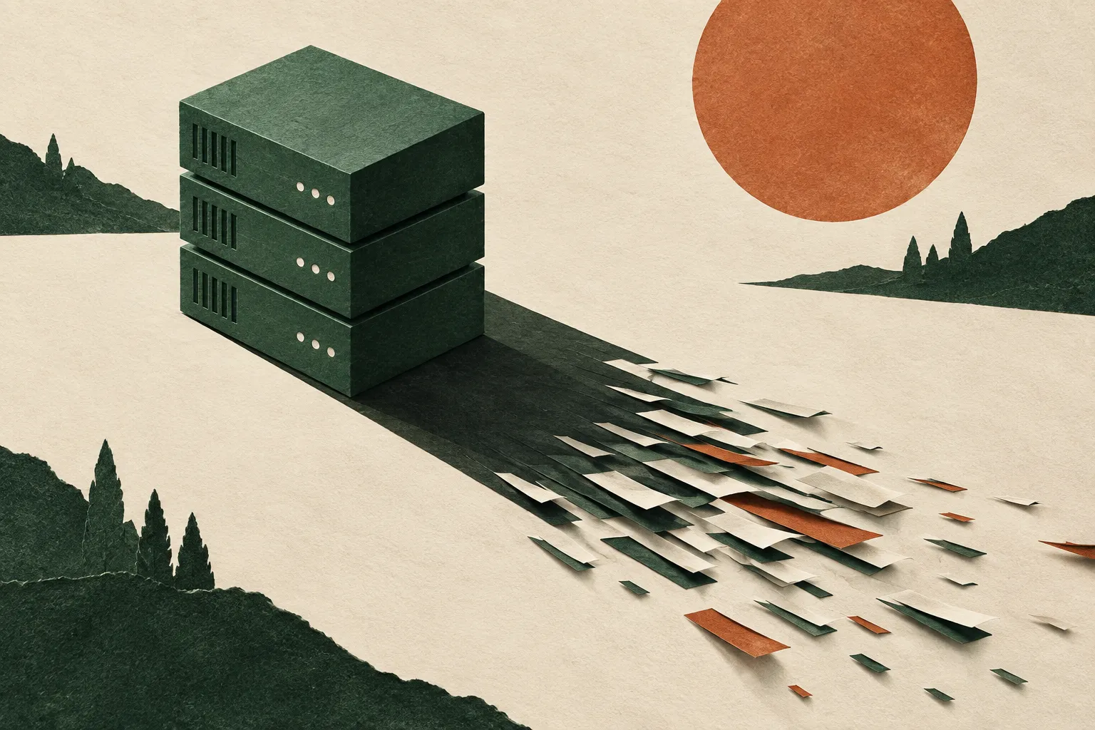 Computing blocks cast a shadow that breaks into paper strips, representing depreciation over time.