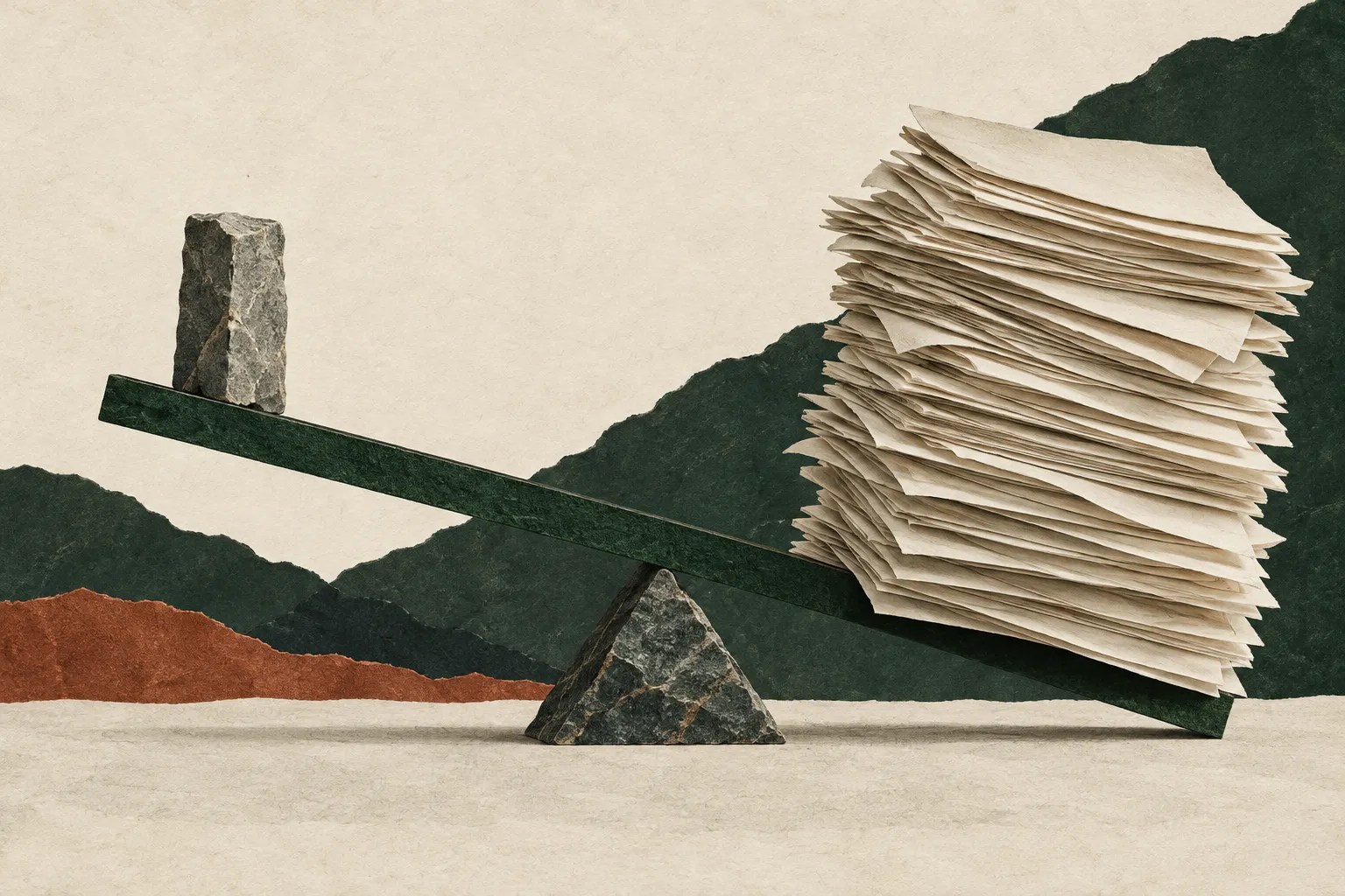 A growing pile of blank debt sheets outweighs a small stone on a balance beam.