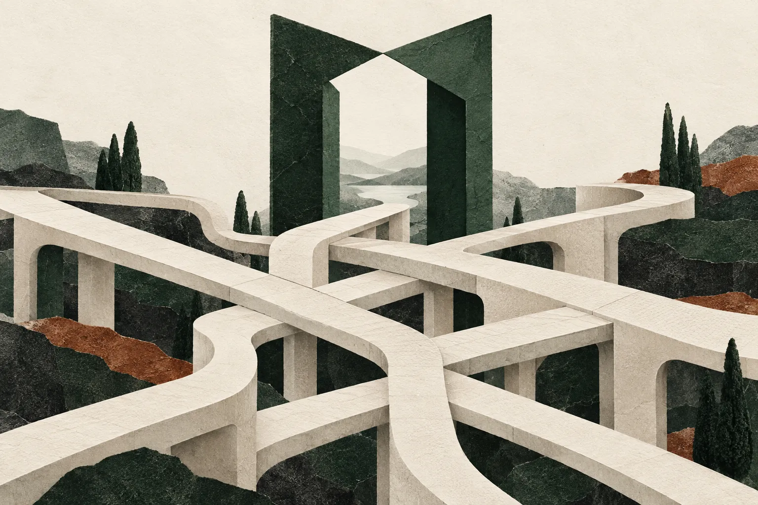 An open gateway is surrounded by interlocking paths, representing distribution and integration.