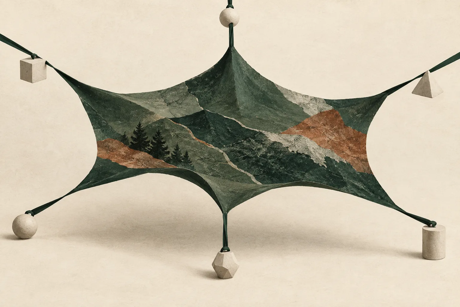 Weighted ribbons pull a suspended sheet in different directions, suggesting competing yield drivers.