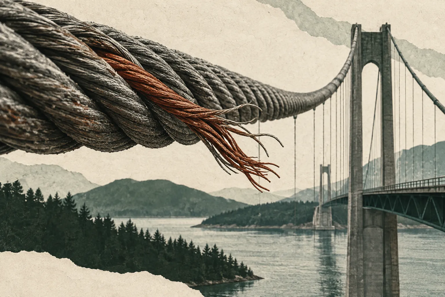 A strand frays in a bridge cable while the bridge remains standing.