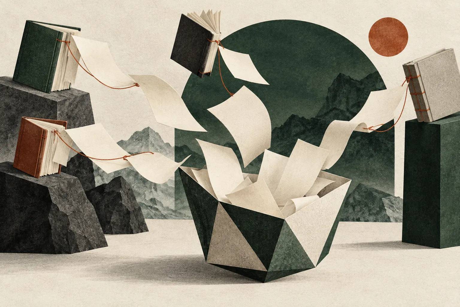 Blank pages flow from books into a folded vessel, with threads attached to their origins.