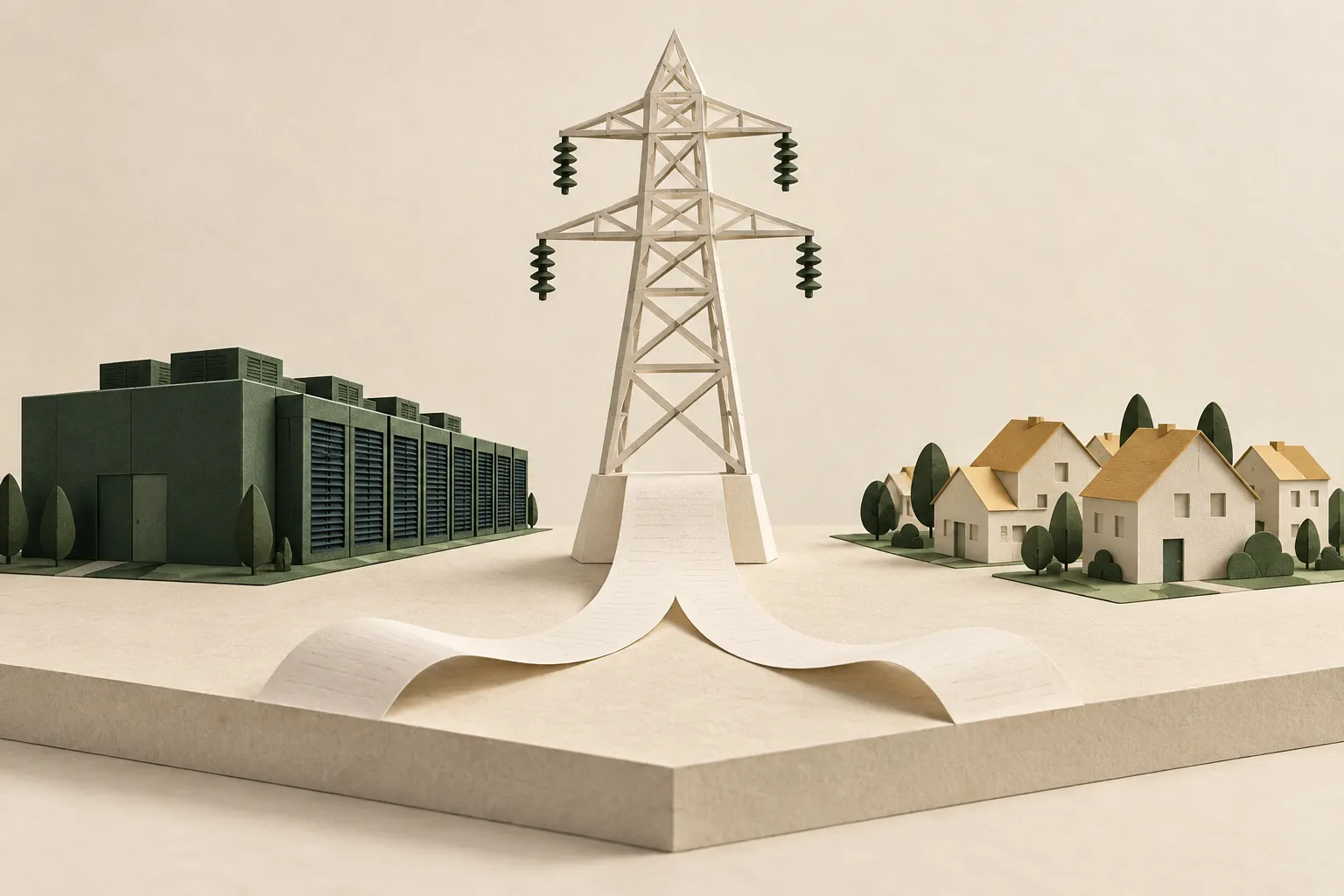 A paper electricity pylon stands between a data center and houses, with a blank ribbon splitting toward both sides to represent shared power costs.